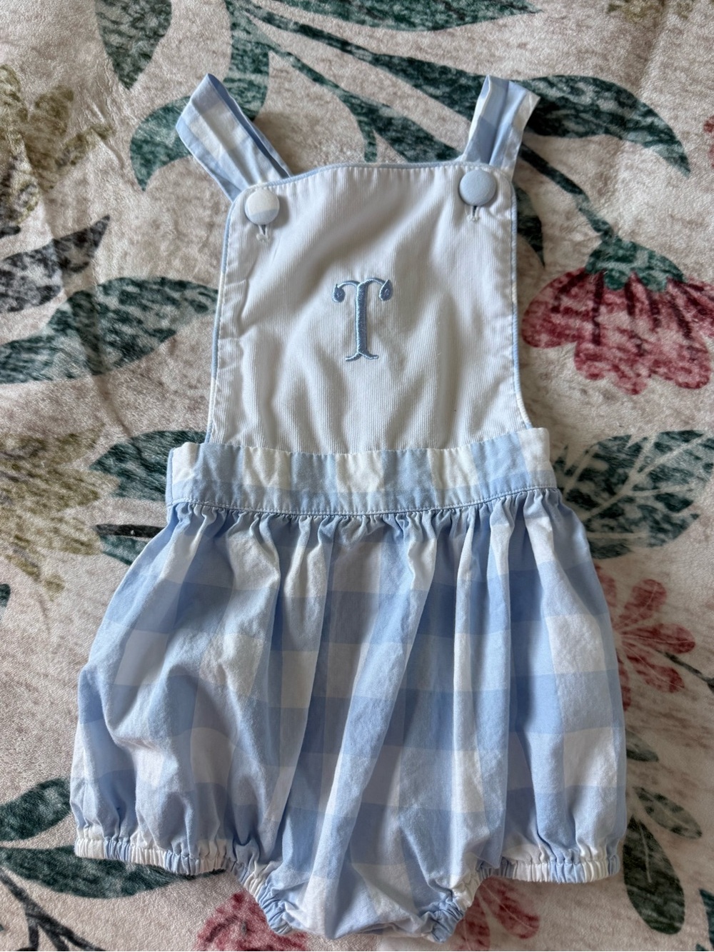 T Monogrammed Light Blue Gingham Baby Bubble Overall